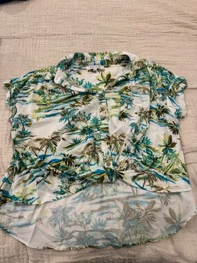 Rose & Olive White Tropical Button-Down Top with Teal & Olive Print